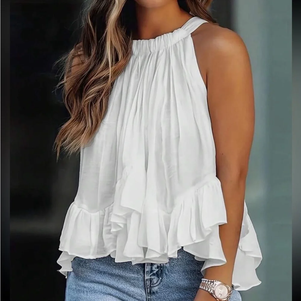 Boho White Ruffle Halter Top Blouse Shirt - Picture 1 of 5